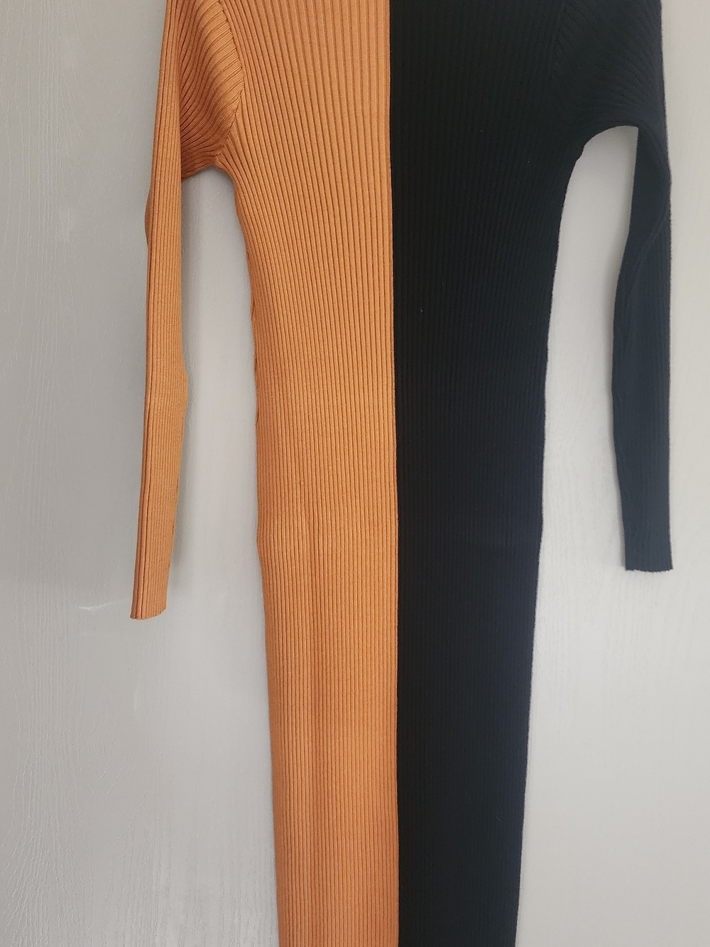 BCBG Paris Two-Tone Ribbed Long Sleeve Dress in Black & Orange